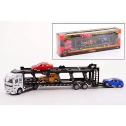 JOHNTOY 26990 Die-Cast Autotransporter mit 3 Autos, farblich sortiert