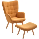Homcom Sessel mit Hocker, Ohrensessel mit Hoher Rückenlehne, Holzbeine, Loungesessel mit getuftetem Design, Cord-Optik, für Wohnzimmer, Braun