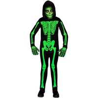 Widmann - Kinderkostüm Skelett, Overall mit Kapuze, neongrün, leuchtet unter UV-Licht