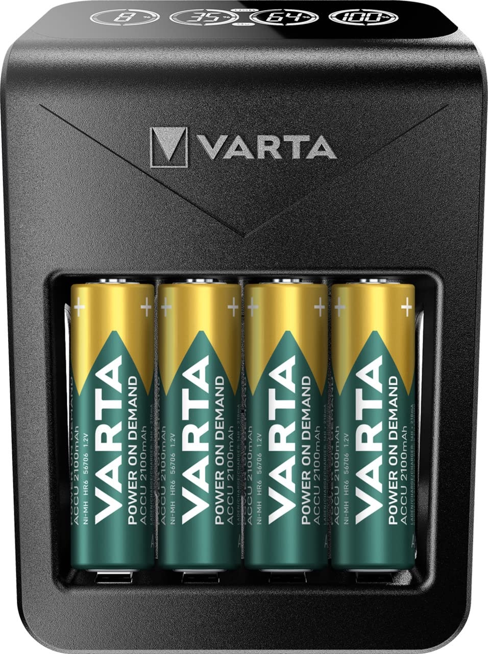 VARTA Akku Ladegerät inkl. 4X AA 2100mAh Akku, Batterieladegerät für AA/AAA/9V & USB Geräte, Power on Demand LCD Charger+, Einzelschachtladung [Exklusiv bei Amazon]