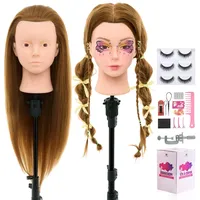 Neverland 71cm Frisierkopf Schminkkopf mit 60% Echthaar, Puppenkopf zum Frisieren Übungskopf Trainingsköpfe für Friseure mit Haare Zubehör, Wimpern und Tisch Halter(Blonde)