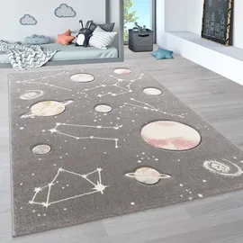 Paco Home Kinderteppich, Spiel-teppich Für Kinderzimmer Mit Planeten Und Sternen, In Grau, Grösse:133 cm, Quadrat