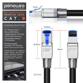 Primewire Patchkabel CAT 8 - Gigabit Ethernet LAN Kabel - 40 Gbit/s - S/FTP PIMF Schirmung - Netzwerkkabel - 7,5m