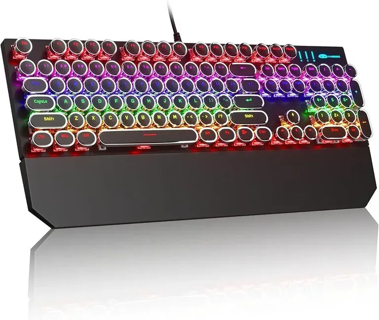 MageGee mechanische Tastatur im Schreibmaschinen-Design, runde Retro-Schwarz-Punk-Keycaps, RGB-Regenbogen-Hintergrundbeleuchtung, kabelgebundene Tastaturen für Laptop, Mac, PC und Gamer, mit magnetischer Handballenauflage – Blue Switch