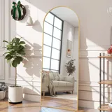 Standspiegel mit Aluminiumrahmen, 162 x 53 cm dekorative Wandspiegel mit gewölbtem Top, Boden großer Spiegel Standspiegel, groß Ganzkörperspiegel, Spiegel für das Badezimmer mit Ständer, Gold