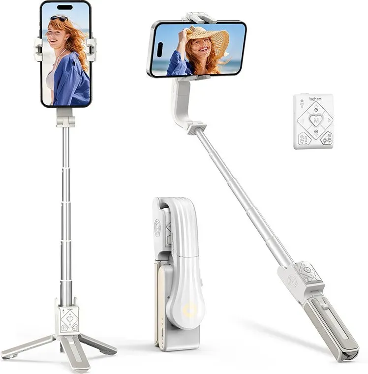 hohem 4-in-1 Einachsiger Faltbarer Smartphone-Gimbal|Selfie-Stick · Stativ · 360° Drehung für Live-Streaming|Kompaktes, faltbares Anti-Shake-Design mit abnehmbarer Fernbedienung|Kompatibel mit iOS/Android