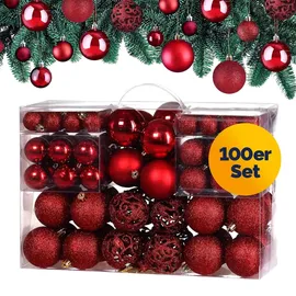 DEUBA CASARIA® Weihnachtskugeln 100er Set Christbaumkugeln Weihnachtsbaumkugeln Weihnachtsbaumschmuck Christbaumkugeln Weihnachtsdeko Rot
