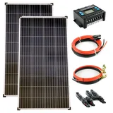 solartronics Komplettset 2x140 Watt Poly Solarmodul 20A Laderegler blau Solarkabel Solarstecker Photovoltaik Inselanlage