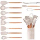 12 Stück Schwarz Küchenhelfer Set, Silikon Küchenutensilien Set, Antihaft Hitzebeständiger Holzgriff Kochbesteck mit Utensilienhalter, Silikonspatel Kochgeschirr Set