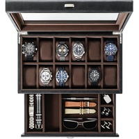 TAWBURY Uhrenbox schwarz für 12 Herrenuhren – Uhrenschatulle für Herren mit 12 Fächern | Uhrenaufbewahrung aus Kunstleder | Uhrenbox und schmuckbox für Herren | Uhrbox für Armbanduhren