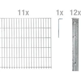 GAH Alberts Alberts Doppelstabmattenzaun 6-5-6, Matten 2,50 m, Höhe 83 cm, Länge 27,5 m, feuerverzinkt, Zaun als Komplettset, Pfosten mit Abdeckleiste 60x40 mm - Silber