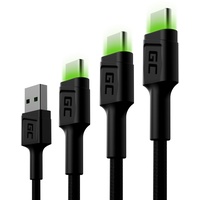 Green Cell Set 3x GC Ray USB-C-Kabel 30 cm 120 cm, 200 cm mit grüner LED-Hintergrundbeleuchtung, Schnellladung UC, QC 3.0