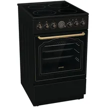 Gorenje Elektrostandherd mit Glaskeramik-Kochfeld/Retro Design / 50cm / 70 Liter/Gentle Close/Schnellaufheizung/AirFry/ExtraSteam/Pizzamodus/AquaClean/schwarz