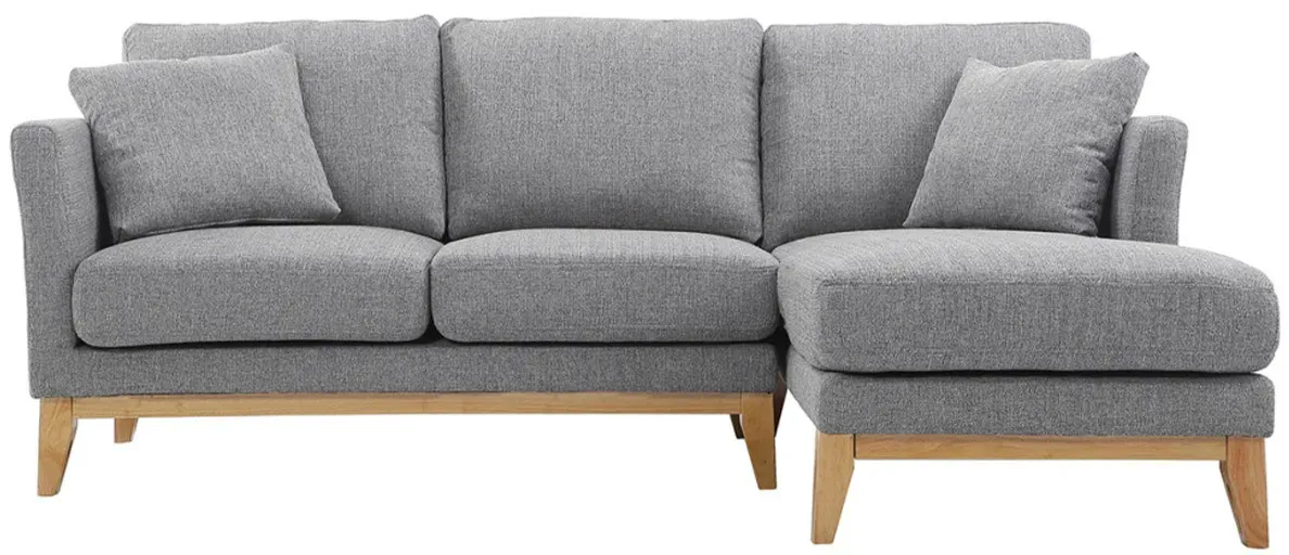 Canapé d'angle droit déhoussable scandinave 4 places en tissu gris clair et bois clair OSLO