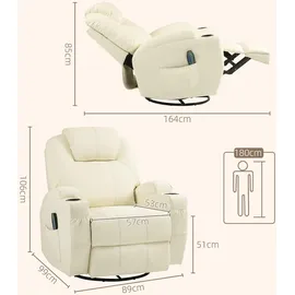 Homcom Relaxsessel mit Massagefunktion Leder 99 x 106 x 89 cm Cremeweiß elektrisch, drehbar