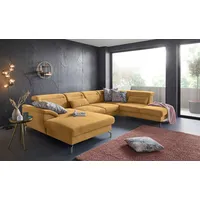 Wohnlandschaft SIT & MORE "Percy U-Form" Sofas Gr. B/H/T: 343cm x 80cm x 235cm, Luxus-Microfaser Paris, Recamiere links, mit satiniertem Nickelfuß, gelb (mustard) 15 cm Fußhöhe, Sitztiefenverstellung, wahlweise in 2 Fußfarben