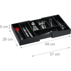 Relaxdays Besteckkasten, ausziehbar, 5 bis 7 Fächer, Schubladen Ordnungssystem, Bambus & MDF, Besteck Organizer, schwarz