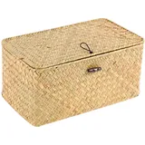 Qusedwey Handgemachte Stroh Gewebt Ablage Korb mit Deckel Make Up Veranstalter Aufbewahrung Box Algen WäSche KöRbe Rattan Schmuck Schatulle (S)