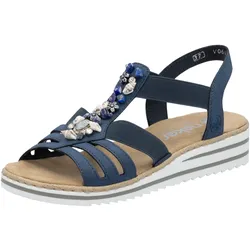 Riemchensandale RIEKER, Damen, Gr. 42, blau (jeansblau), Lederimitat, modisch, Schuhe, Sommerschuh, Sandalette, Keilabsatz, mit sommerlicher Verzierung