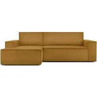 KONSIMO® Ecksofa NAPI links oder rechts, Premium-Stoff, hergestellt in der EU, mit Schlaffunktion und großem Bettkasten, Mittelfest, DL-Ausziehsystem gelb
