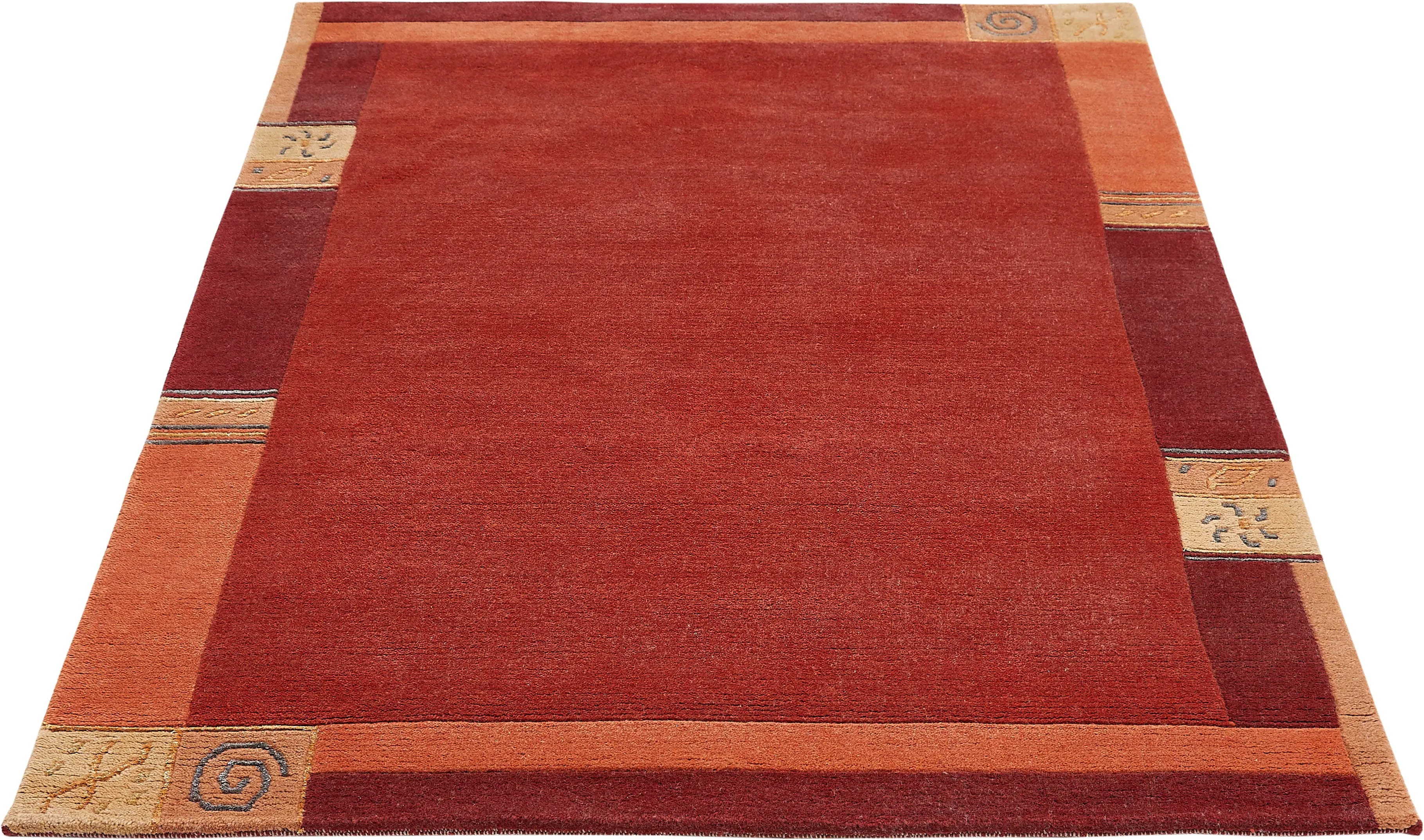 Wollteppich LUXOR LIVING "India" Teppiche Gr. B/L: 90 cm x 160 cm, 20 mm, 1 St., rot Designer-Teppich Knüpfteppich Schurwollteppich Teppich Esszimmerteppiche Teppiche reine Wolle, handgeknüpft, mit Bordüre, auch als Läufer