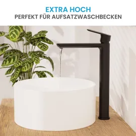 Bächlein Badarmatur Mizarela hoch in klassischem Design, Einhebelmischer für Aufsatzwaschbecken mit langlebiger Keramikkartusche und Montage-Set, Bad Wasserhahn Matt Schwarz - flacher Auslauf