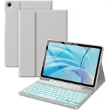 Vobafe Hülle mit Tastatur für Samsung Galaxy Tab A11+ Plus 11 Zoll 2025 / Tab A9+ Plus 2023, 7 Farben Beleuchtete mit Abnehmbare Tastatur, TPU Rückschale mit Stifthalter, QWERTZ, Hellgrau