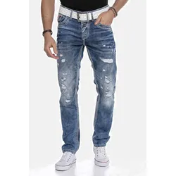 5-Pocket-Jeans CIPO & BAXX "Jeans", Herren, Gr. 31, Länge 34, blau, 100% Baumwolle, unifarben, Basic, regular fit lang, Jeans, bequeme Jeans im lässigen Destroyed-Look, CD651