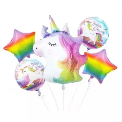 Set aus 5 Folienballons mit Einhorn- und Regenbogenmuster