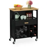 Relaxdays Küchenwagen, Weinregal 6 Flaschen, Schublade, 2 Fächer, 80x65x35 cm, Bambus Arbeitsplatte, MDF, schwarz/Natur