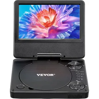 Vevor tragbarer DVD-Player mit drehbarem HD-Bildschirm (178 mm), eingebauter Akku mit 4 Std. Laufzeit, 2 Lautsprecher, unterstützt Synchronisierung von TV/USB/SD-Karte/CD/DVD, Autoladegerät schwarz