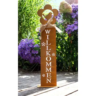 Rostsäule Roststeele WILLKOMMEN 58cm Groß Rost Rostdeko Vogel Gartendeko zum hinstellen/draußen Wetterfest (Braun)