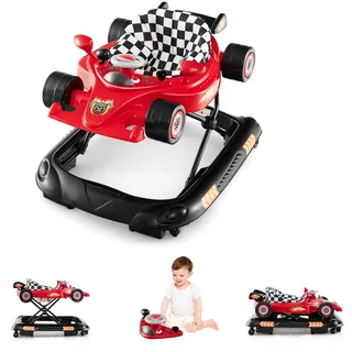 LIFEZEAL 4 in 1 Lauflernhilfe Baby, Höhenverstellbar & Klappbar Babywalker, Musikalische Lauflernhilfe mit abnehmbarem Spielzeug, Laufwagen mit bequemer Sitz, Universalräder, Ab 7 Monate (Rot)