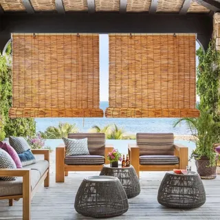 Sonnenschutz Rollo Bambus Mit Lifter, Atmungsaktiver Außen- Schilf Vorhang Mit Montagezubehör, Anpassbar Bambusrollo Für Terrasse, Handgewebt Sichtschutz, Einfache Montage Balkon Trennwand(Carbonized)