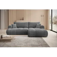 thematys Ecksofa mit Schlaffunktion und Bettkasten, L-Form, Cord und Bouclé + 2 Kissen, 260 x 165cm - Luxus Couch mit Bettfunktion mit Bonnellfedern grau
