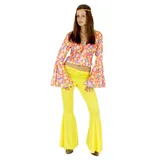 Foxxeo 60er 70er Jahre Hippie Kostüm für Damen gelbe Schlaghose und bunte Blumen Bluse Karneval Fasching Kostüm Party Größe XS