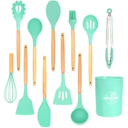 Intirilife 12-teiliges Küchenutensilien Set Silikon in Grüntürkis - 12.5 x 32.5 cm - Kochbesteck Löffel Schneebesen Pfannenwender Pinsel Schöpfkelle