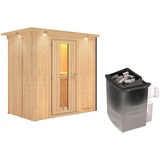 Woodfeeling Karibu Sauna Variado mit Fronteinstieg 68 mm - 9 kW Ofen integr. Steuerung- Energiesparende Saunatür-Inkl. Dachkranz inkl. 8-teiligem gratis Zubehörpaket (Gesamtwert 191,92€)