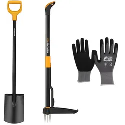 Fiskars Solid Gartenspaten rund, Unkrautstecher Xact, Nitras Handschuhe Set