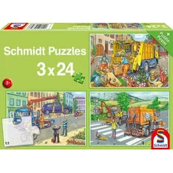 SCHMIDT SPIELE 56357 Müllwagen, Abschleppauto und Kehrmaschine, 3x24 Teile