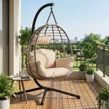 Garvee Hängesessel aus Rattan mit Metallgestell – klappbar, wetterfest, bis 150 kg belastbar, inkl. schwarzer Abdeckung – Outdoor & Indoor Ei-Schaukelstuhl für Garten, Balkon, Terrasse – Graues Rattan