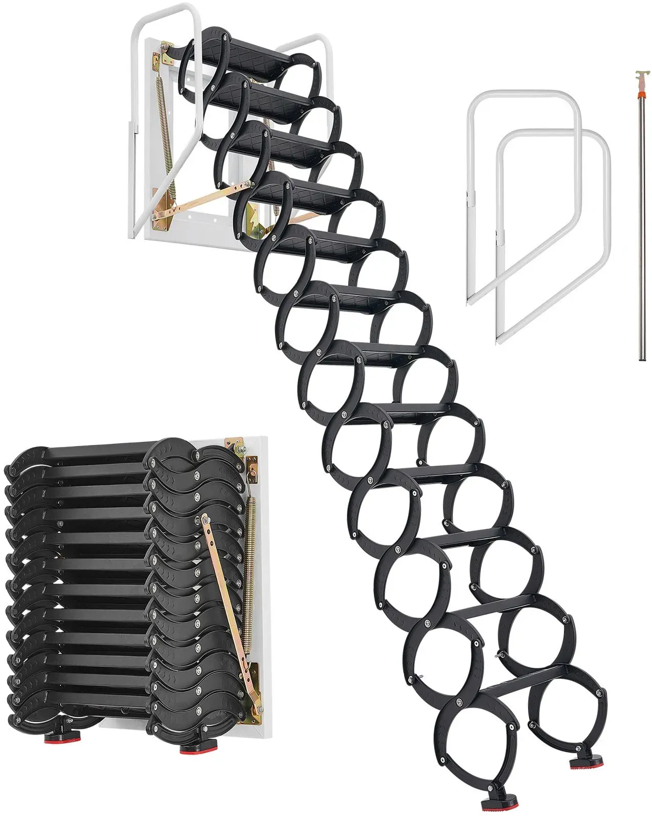 VEVOR Dachbodenleiter zur Wandmontage, Tragkraft 299,4 kg, passend für Deckenhöhen von 2,9 bis 3,05 m, 12-stufige Stahl-Scherentreppe mit Handläufen, für Dachböden, Garagen, Dächer, Keller