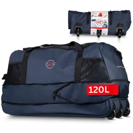 cocoono Große Reisetasche mit Rollen 120 L – Faltbare Rolltasche & Sporttasche XXL – leicht, robust & platzsparend – ideale Reisetasche zum Ziehen für Urlaub, Sport & Training (Navy)
