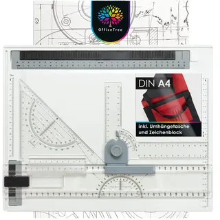 OfficeTree Zeichenplatte A4 - Inkl. Tragetasche, Schiebelineal, Geodreieck UVM. - Zeichenbrett A4 für exaktes Arbeiten - DIN A4 Zeichenplatte