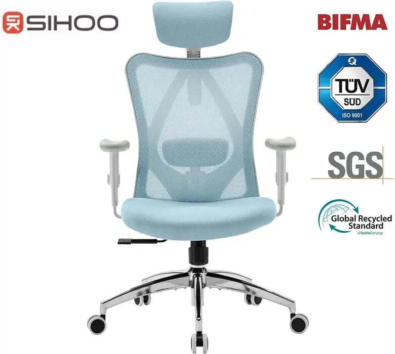 Sihoo M18 ergonomischer Bürostuhl, Computer-Schreibtischstuhl mit verstellbarer Kopfstütze und Lendenstütze, hochlehniger Bürodrehstuhl für das Homeoffice, hellblau