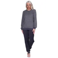 normann Damen Frottee Pyjama Langarm Schlafanzug mit Bündchen in Streifenoptik, Farbe:dunkelgrau, Größe:40/42 - 40-42
