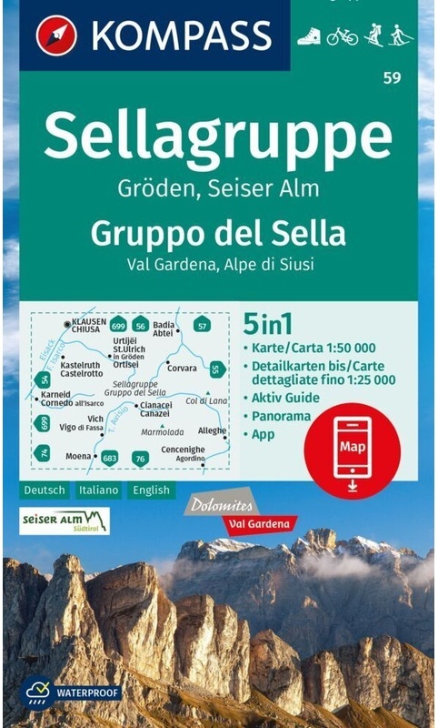 Kompass Wanderkarte 59 Sellagruppe, Gröden, Seiseralm / Gruppo Del Sella, Val Gardena, Alpe Di Siusi 1:50.000, Karte (im Sinne von Landkarte)