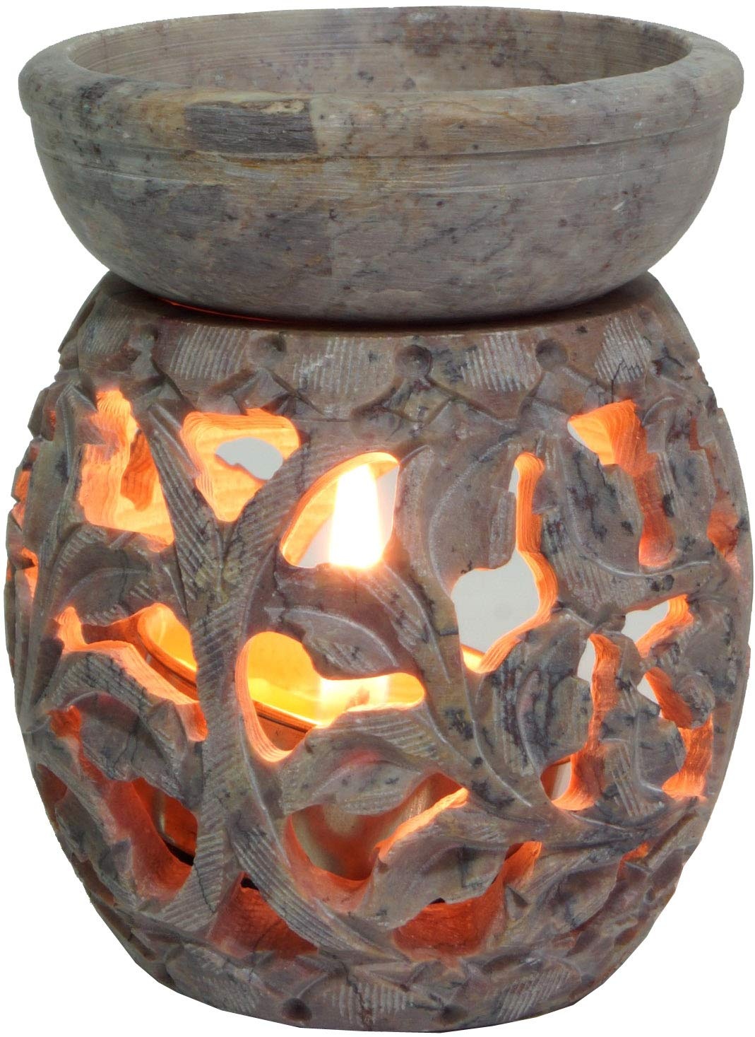 GURU SHOP Indische Duftlampe, ätherisches Öl Diffusor, Teelicht Halter für Aromatherapie, Aromalampe aus Speckstein - Rund Blumenranke 1, Creme-weiß, 8x6x6 cm, Duftlampen & Öllampen