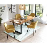 SalesFever Essgruppe, 5 tlg. 180 cm - Bezug Strukturstoff gelb Gestell schwarz Tisch cognac | 370759