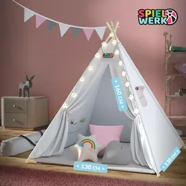 SPIELWERK Tipi Zelt Für Kinder Indoor 130x130cm Set mit Bodenmatte Lichterkette Girlande Kissen Baumwolle Holz Tragetasche Rosa